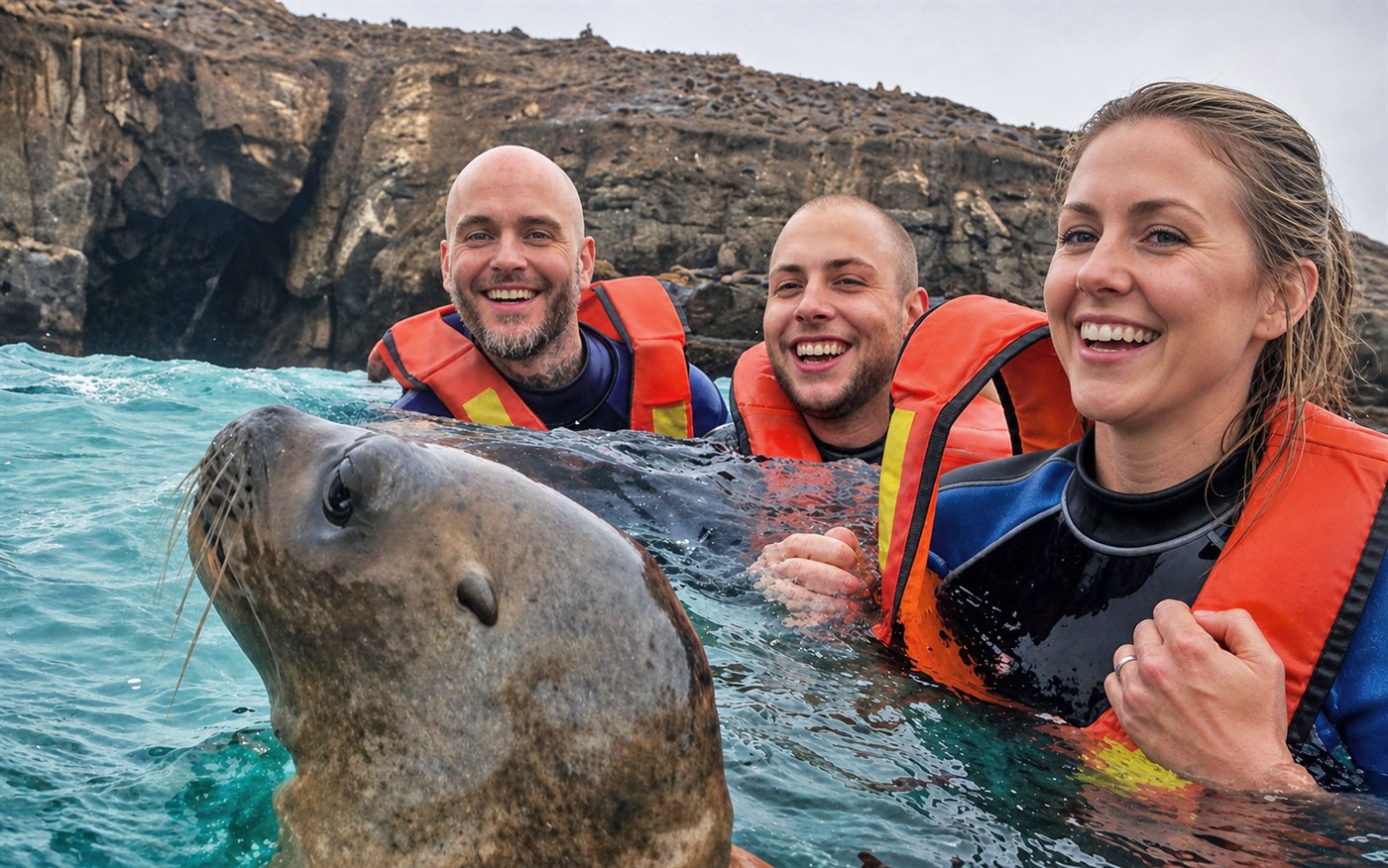 Travelers swimming beside a sea lion near Lima's offshore islands
