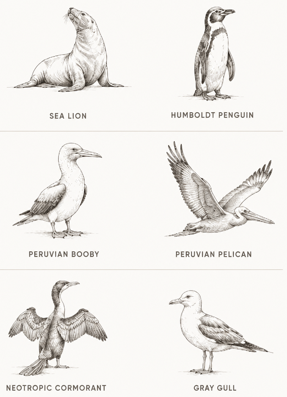 Illustrated guide to Ballestas Islands wildlife including sea lion, Humboldt penguin, Peruvian booby, Peruvian pelican, neotropic cormorant and gray gull